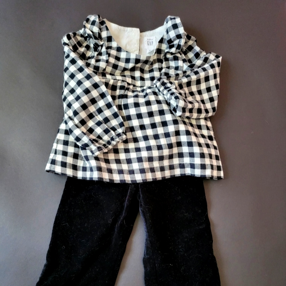 Black velvet pants with gingham shirt